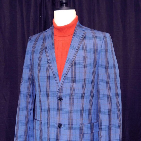 Ben Sherman 40-L Exquisite Blue Plaid Two Button Wool/Linen Blend Men's Blazer - Picture 3 of 4